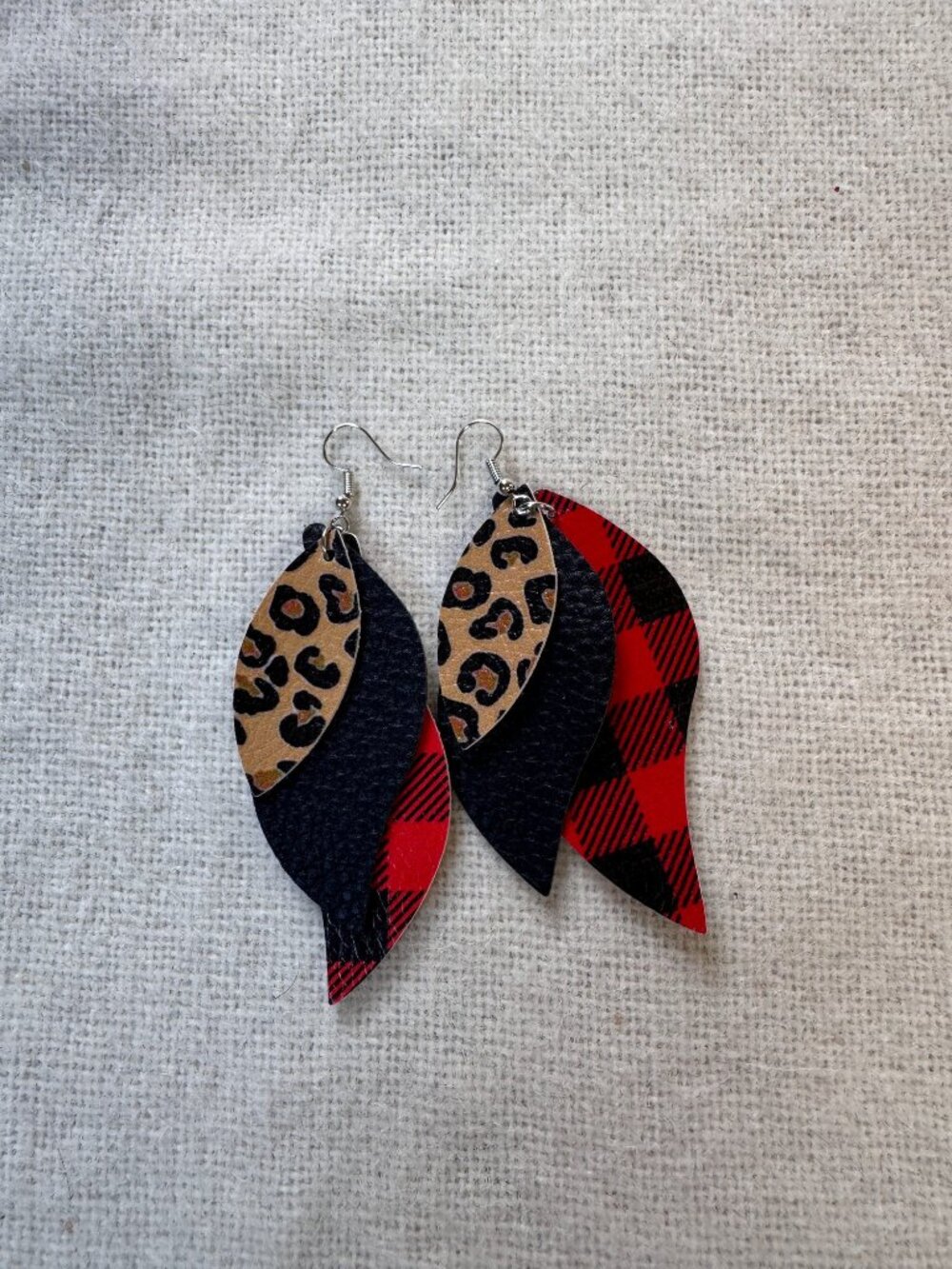 Layered Faux Leather Leaf Dangle Earrings Leopard & Buffalo Plaid Boutique NWOT